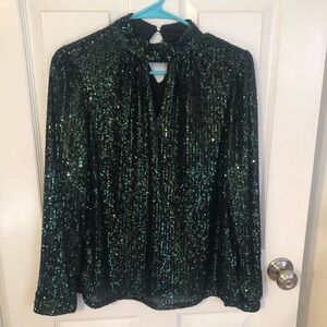 Cable & Gauge Long Sleeved Emerald Green Sequin Top, Size Medium NWT